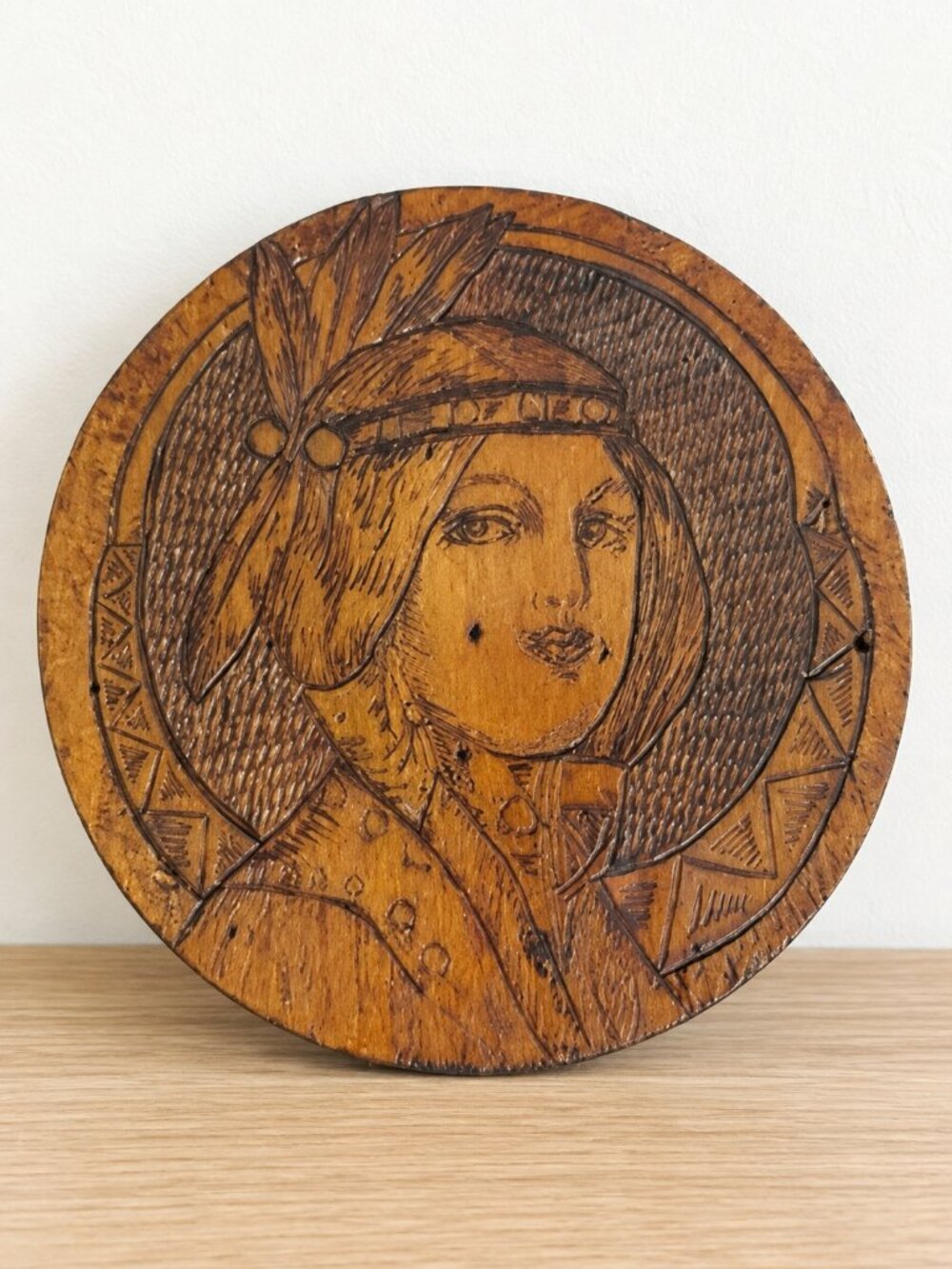 Flemish Art Co. Pyrography Maiden Vintage Wooden Plaque